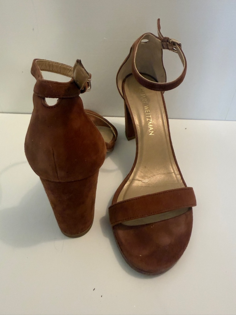 Stuart Weitzman Suede Ankle Strap Block Heel Sandals Brown Carmel Brown size 7.5 - Picture 8 of 16